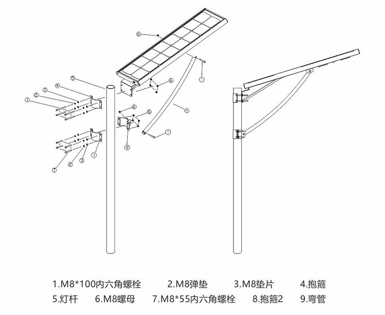 東莞麻豆视频APP官网照明抱箍式一體化LED太陽能路燈安裝示意圖